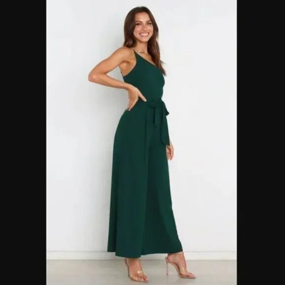 Petal & Pup Leyton Emerald Green One Shoulder Wide Leg Belted Jumpsuit 12 - Picture 5 of 11